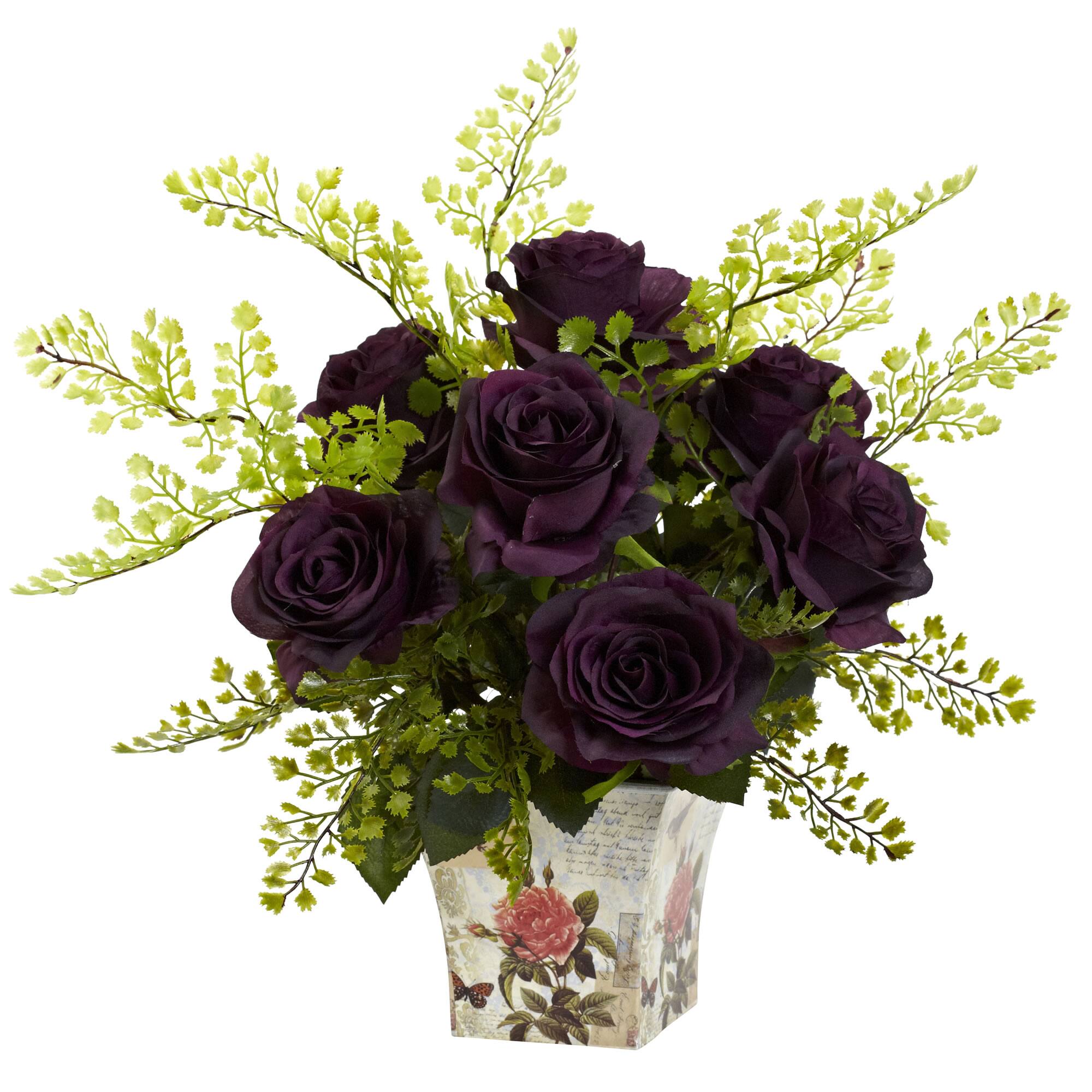 13" Rose & Maidenhair Fern in Floral Planter